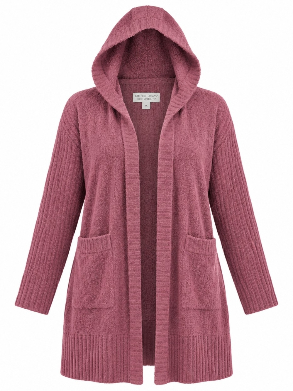 BAREFOOT DREAMS | CozyChic Lite Hooded Long Cardigan Wine Burgundy Plus | 1X